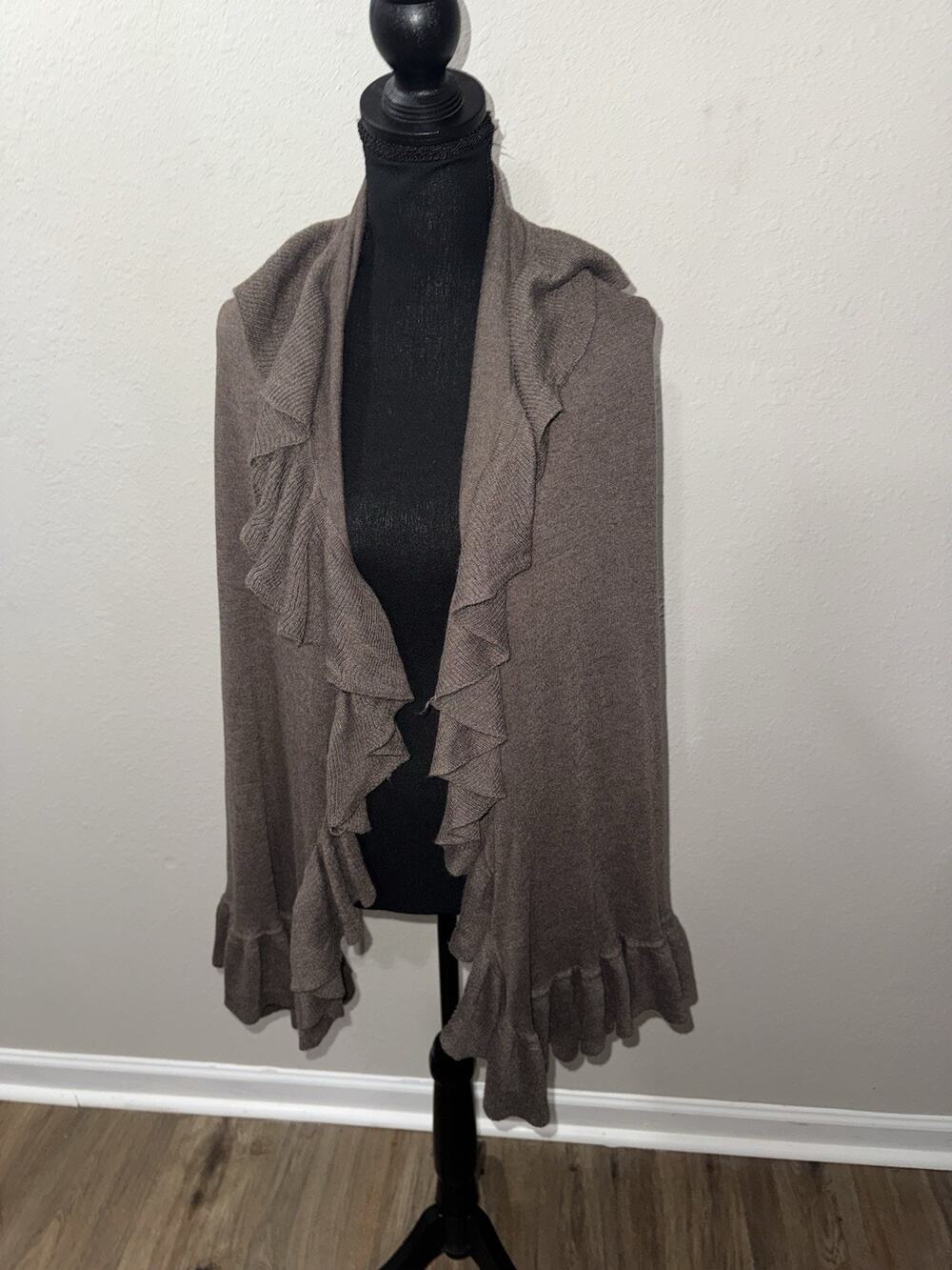 KERISMA Cashmere Blend Ruffle Shawl Wrap Brown Taupe Open Front Knit Cardigan